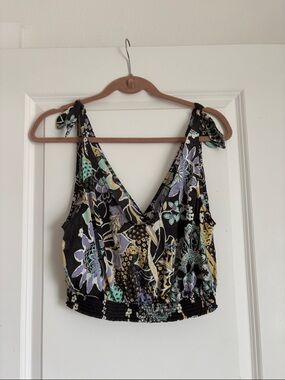 Free People Floral Tie-Shoulder Black Cropped V-Neck Tank Top